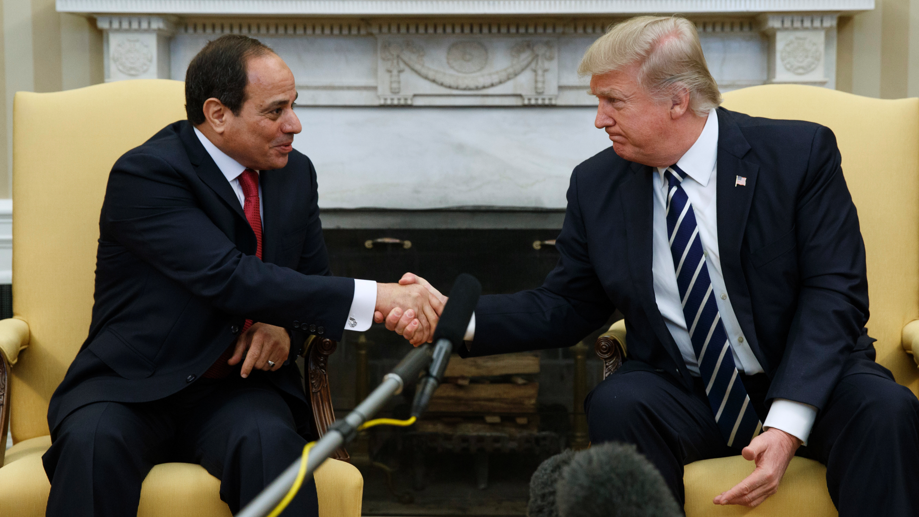 FILE - In this file format of April 3, 2017, President Donald Trump shakes hands with Egyptian President Abdel Fattah el-Sisi in the Oval Office of the White House in Washington. Trump meets El-Sissi next month in the White House. (AP Photo / Evan Vucci)